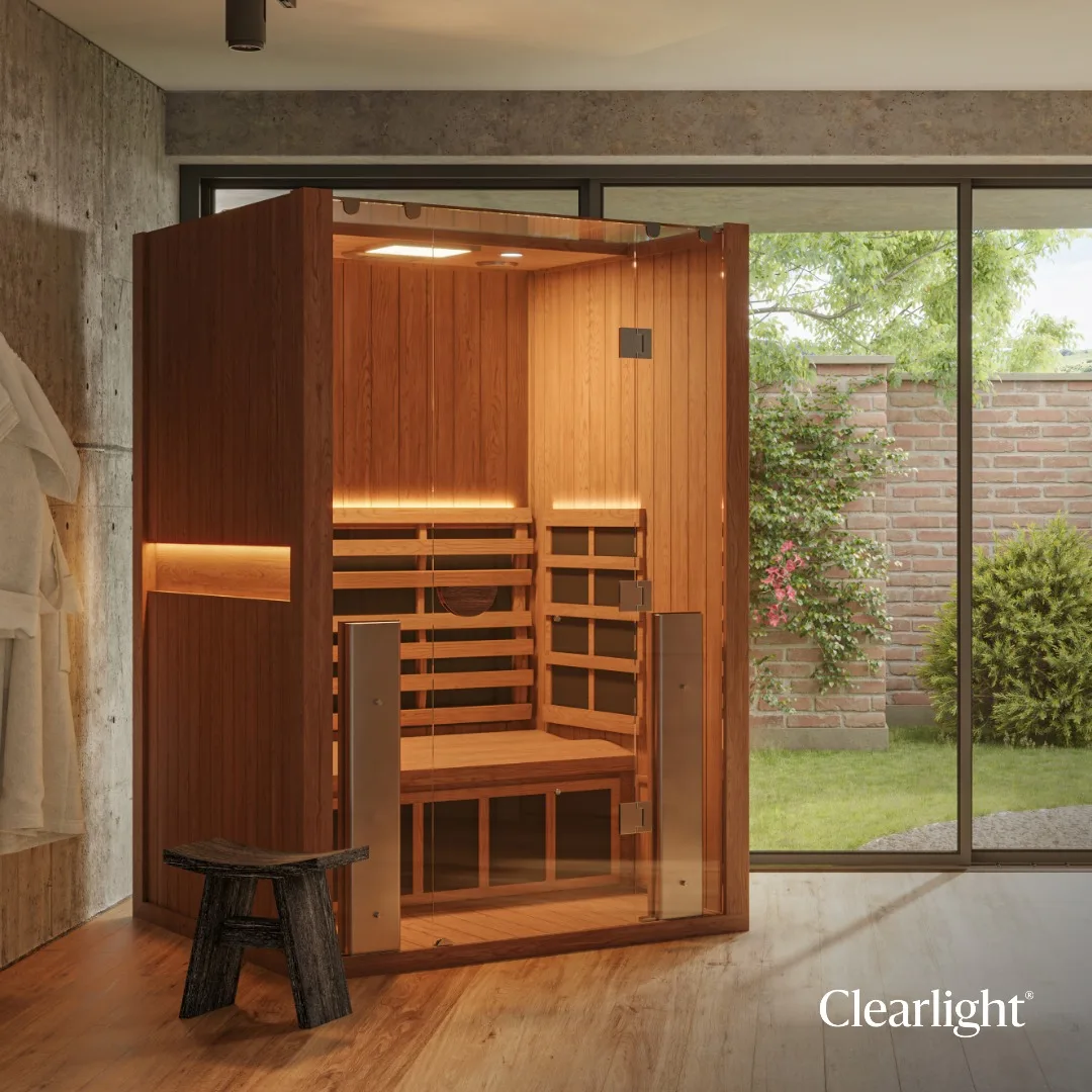 Clearlight sauna interior detail showing heater placement and wood construction