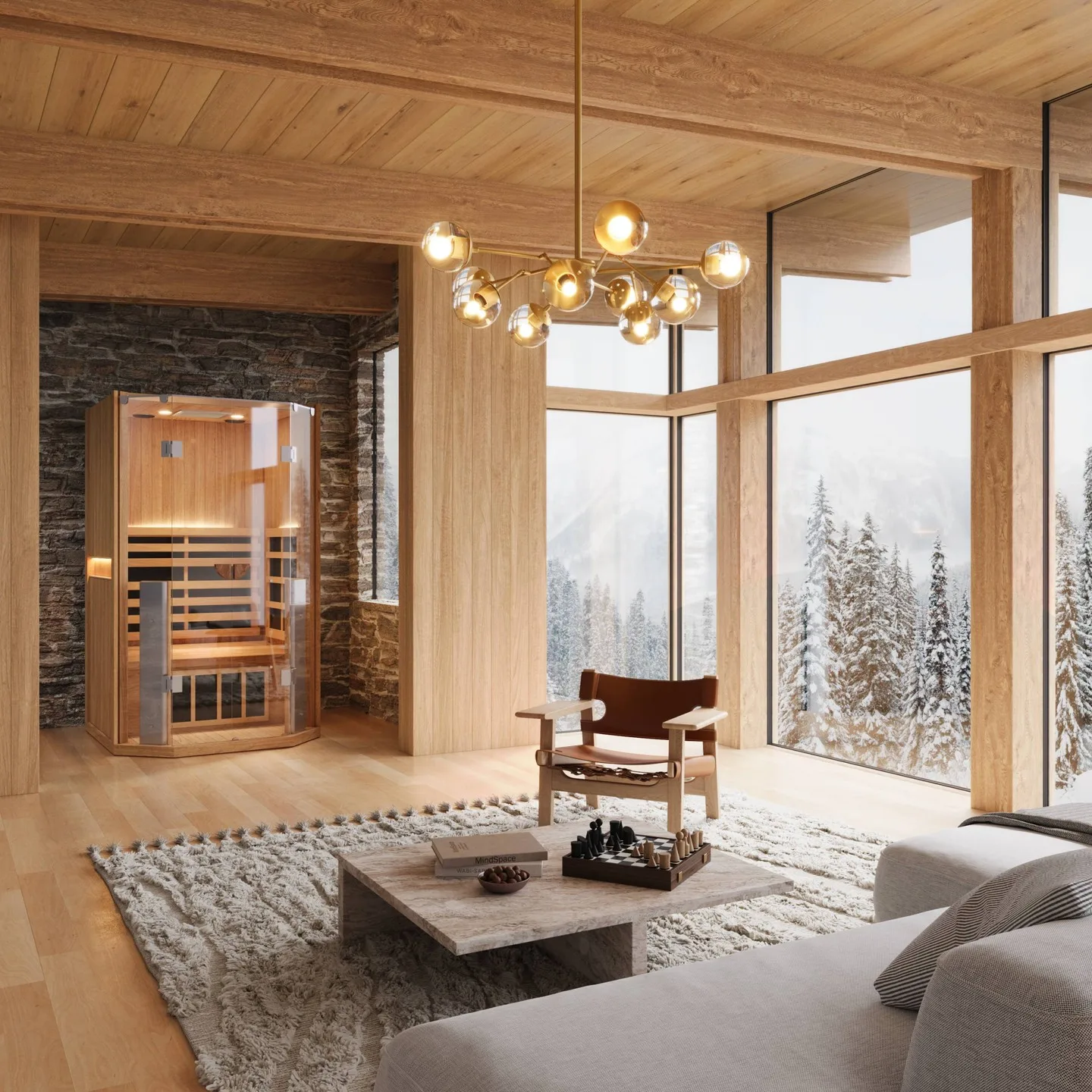 A Clearlight infrared sauna in a modern Canadian living room with a winter view